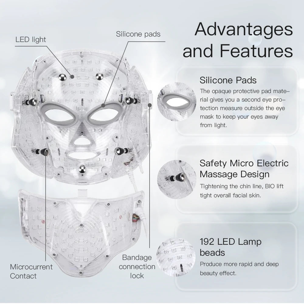 Home Use 7-Color Lights Led Facial Beauty Mask with Neck Anti Acne Skin Rejuvenation Whitening Beauty Instrument LED Face Mask