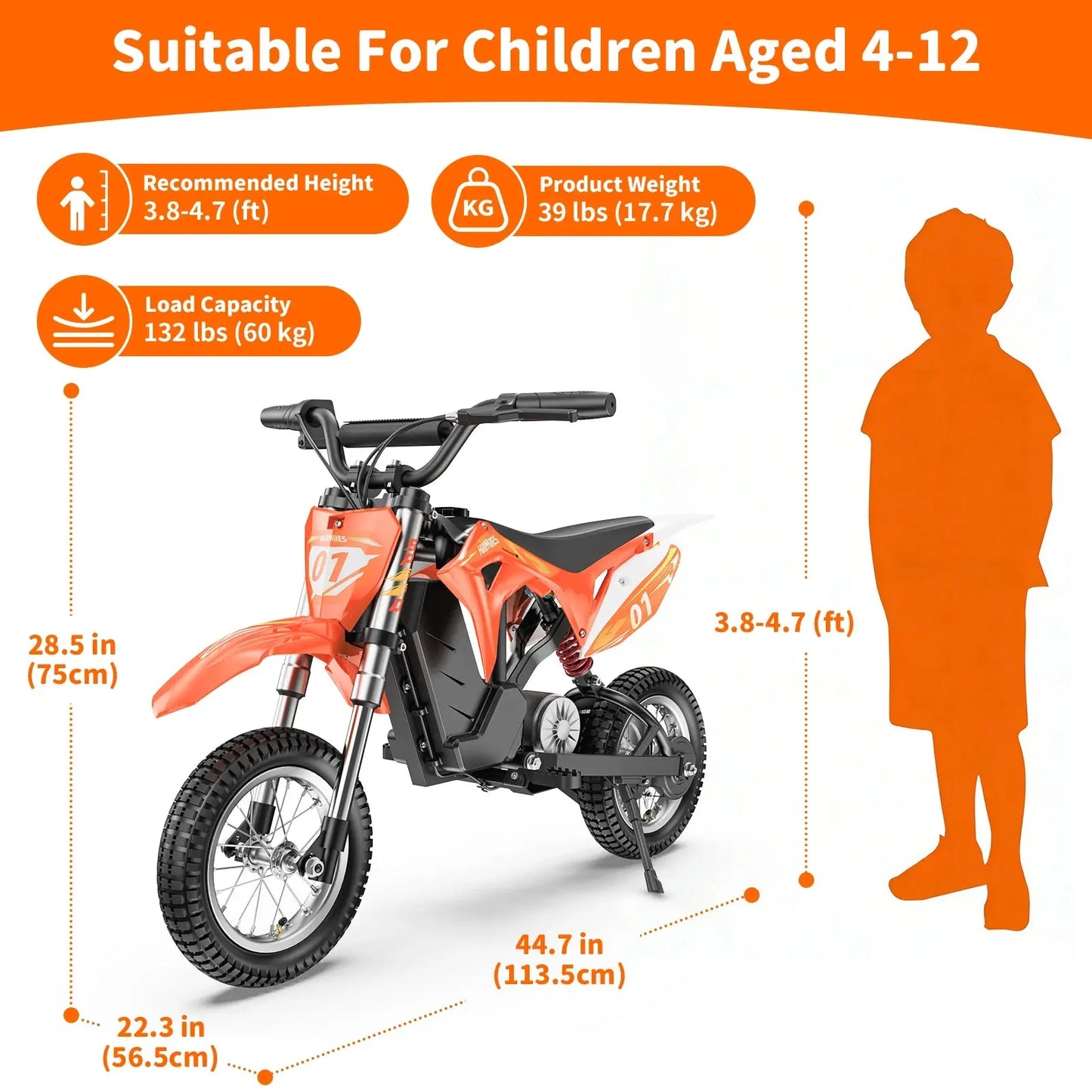 HillMiles MileRocket Electric Dirt Bike 300W, 15.5MPH, 36V 4Ah Battery, Front & Rear Suspension, Off-Road Ride for Ages 4–12 PowerGlide Motors & Accessories