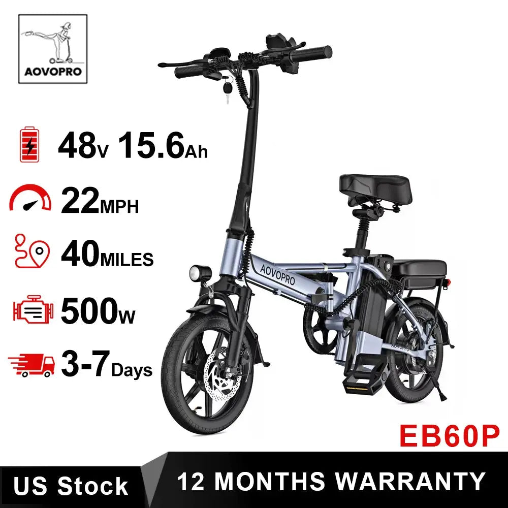 AOVOPRO 14'' EB60 Foldable Electric Bike 500W 48V 10.4AH Battery 22MPH Max Speed 28Miles Long Range with Two Seats for Adult PowerGlide Motors & Accessories