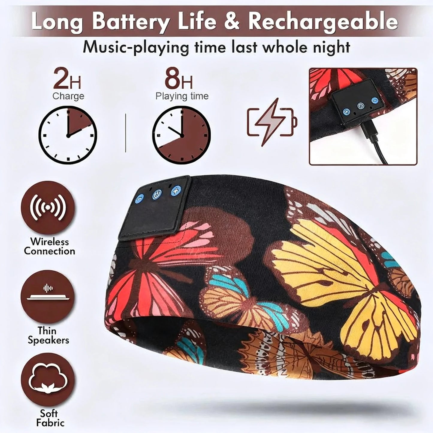 Butterfly Print Bluetooth Headband Sweatproof Sports Headset Workout Eye Mask Wireless for Sleep Workout Fit iPhone Android All