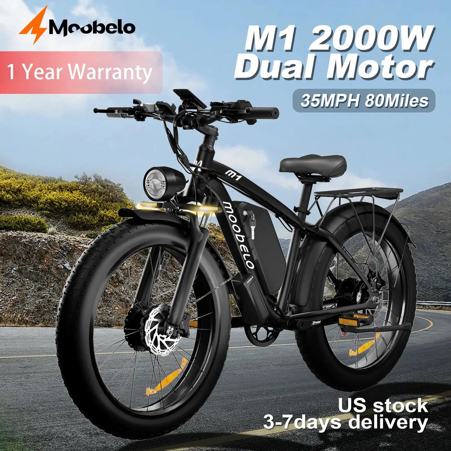 Moobelo M1 2000W Dual-Motor E-Bike 48V 22.4ah Fat Tires Full Suspension CE Certified US Warehouse Snow Beach Urban Riding Ebike PowerGlide Motors & Accessories