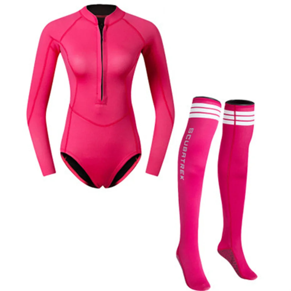 Summer Women 2MM Neoprene Bikini Wetsuit With Stocking Set Long Sleeve Diving Suit Sun-proof Surfing Snorkeling Thermal Swimwear