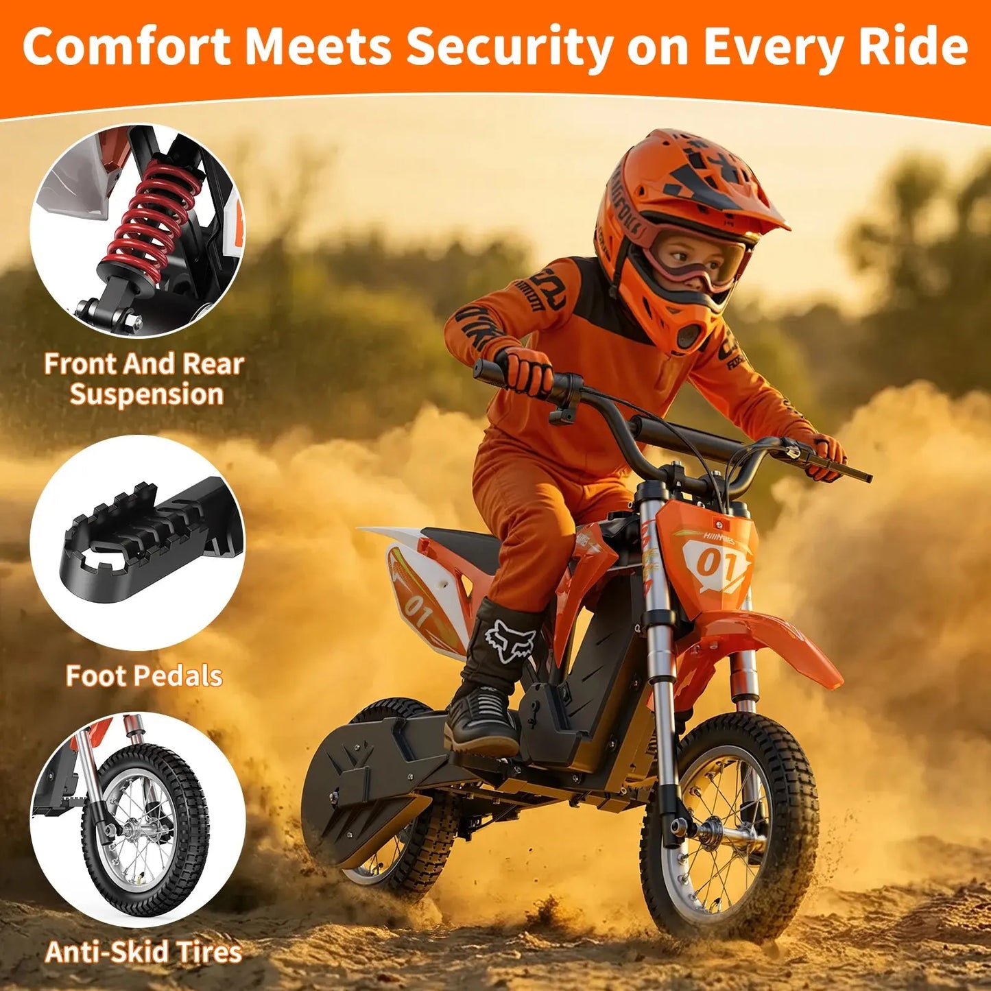HillMiles MileRocket Electric Dirt Bike 300W, 15.5MPH, 36V 4Ah Battery, Front & Rear Suspension, Off-Road Ride for Ages 4–12 PowerGlide Motors & Accessories