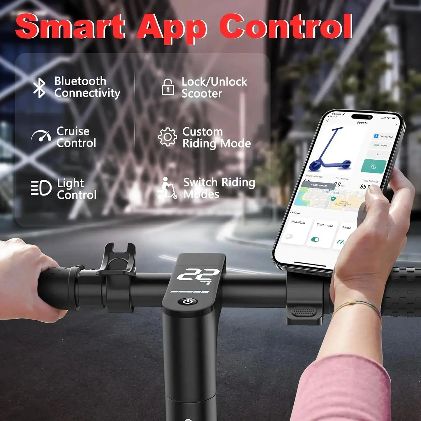 10”Honeycomb Tires Electric Scooter 48V 10.5Ah Battery 22MPH Max Speed 22Miles Max Range Dual Braking & Suspension APP Control PowerGlide Motors & Accessories