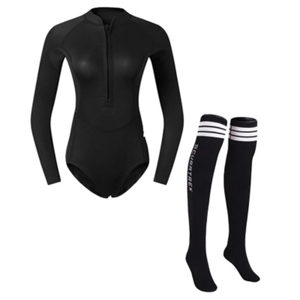 Summer Women 2MM Neoprene Bikini Wetsuit With Stocking Set Long Sleeve Diving Suit Sun-proof Surfing Snorkeling Thermal Swimwear