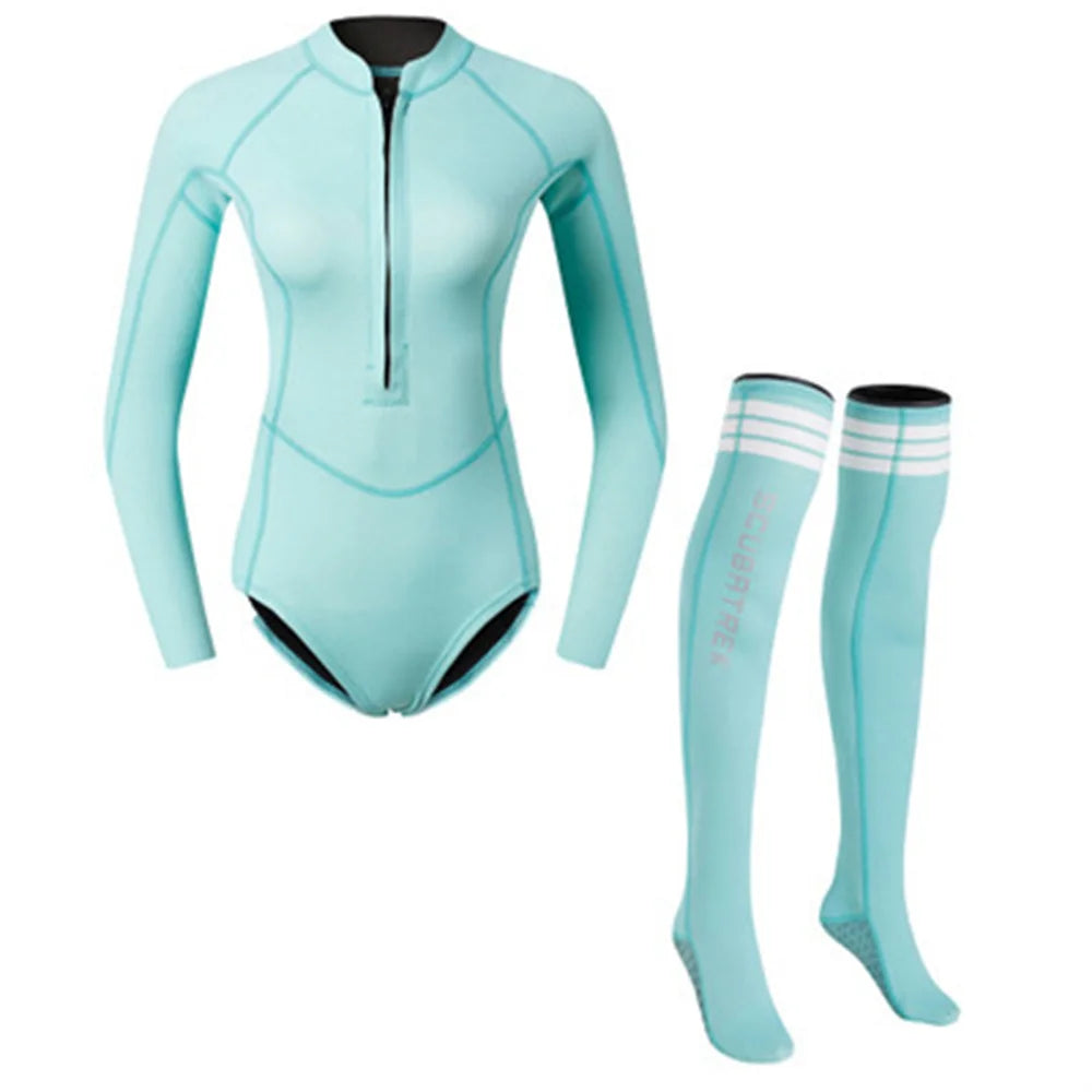 Summer Women 2MM Neoprene Bikini Wetsuit With Stocking Set Long Sleeve Diving Suit Sun-proof Surfing Snorkeling Thermal Swimwear