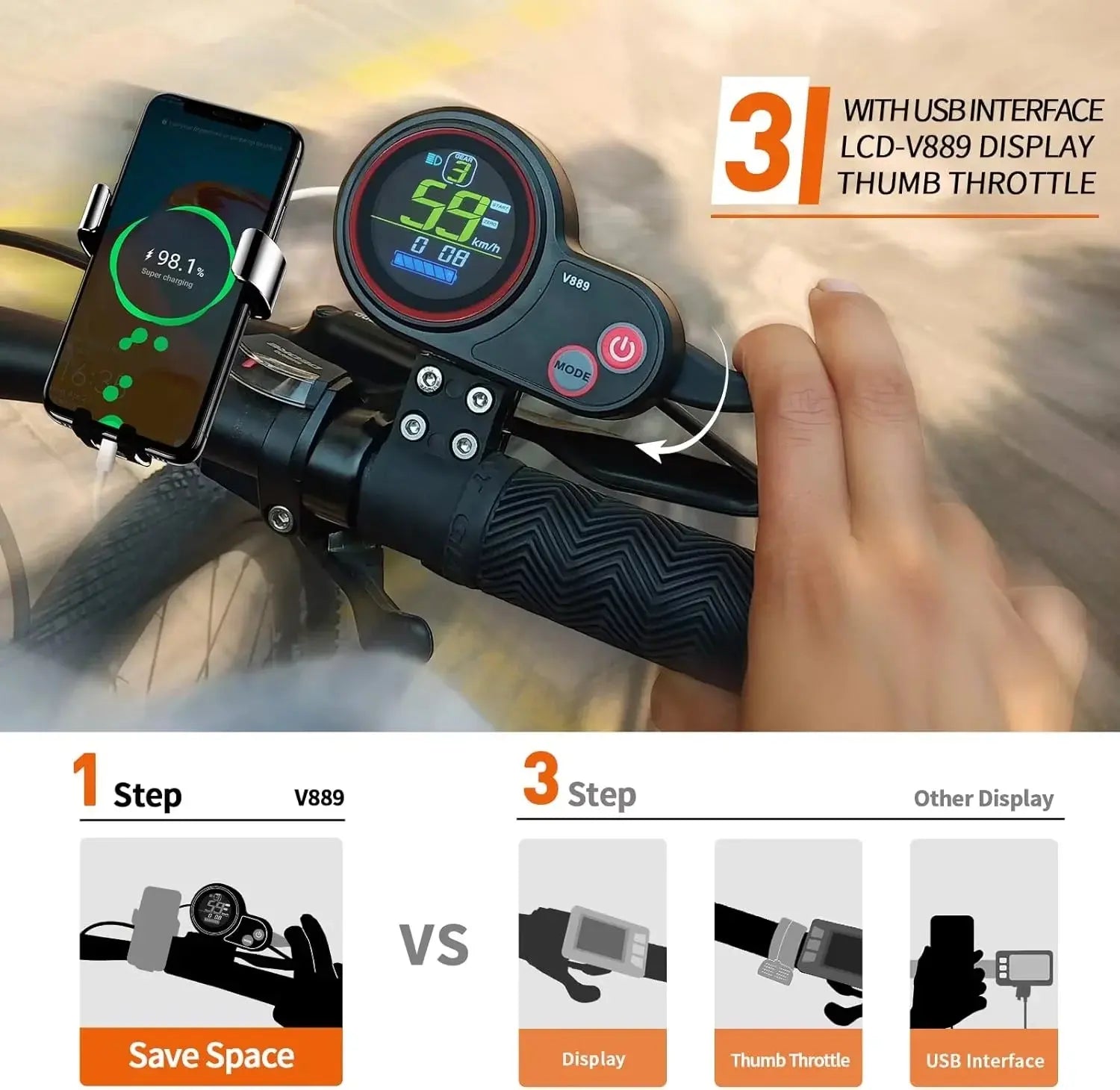 E-Bike LCD with Rotary throttle, USB, 24V, 36V, 48V，V889 Color display for TF-100 kugoo M4 e-scooter UART No.2 Protocol PowerGlide Motors & Accessories