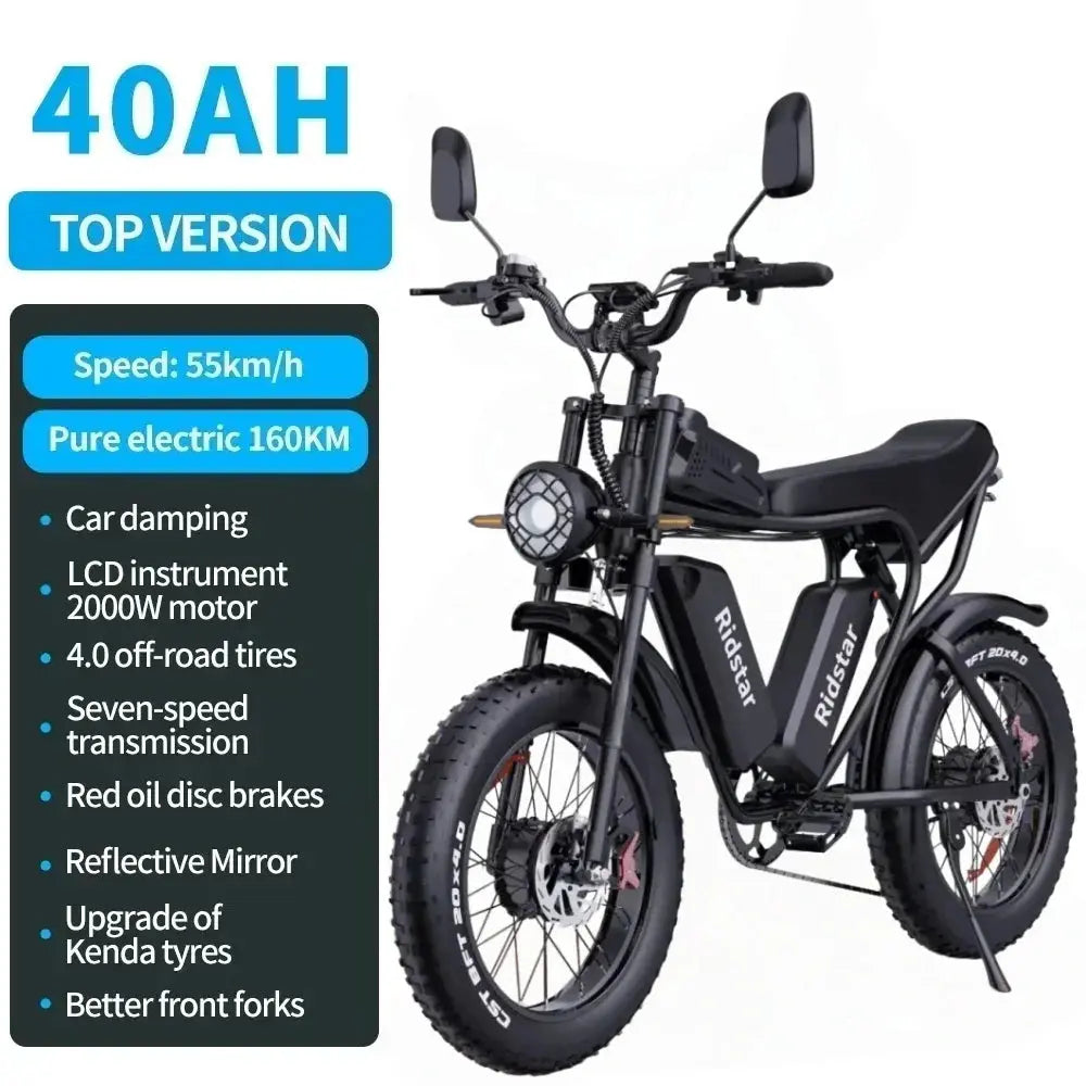 Ridstar Q20 52V40AH 2000W electric bicycle dual motor battery 20*4-inch fat tires e-bike Mountain Snow Electric Bike off-road PowerGlide Motors & Accessories