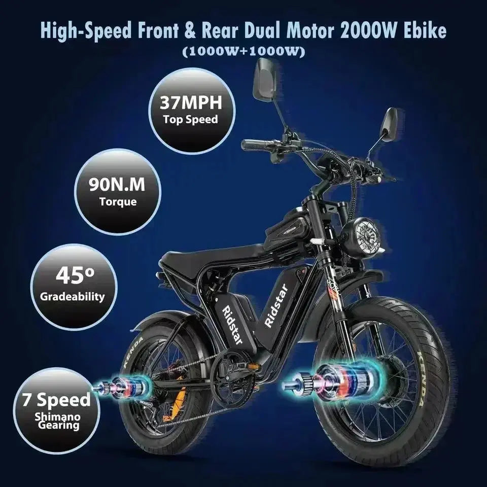 Ridstar Q20 52V40AH 2000W electric bicycle dual motor battery 20*4-inch fat tires e-bike Mountain Snow Electric Bike off-road PowerGlide Motors & Accessories