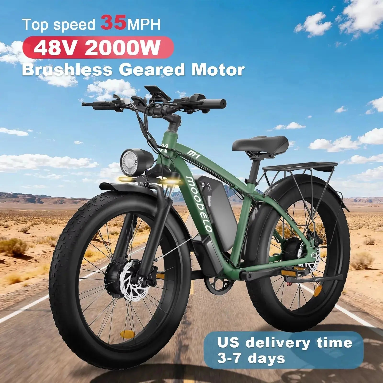 Moobelo M1 2000W Dual-Motor E-Bike 48V 22.4ah Fat Tires Full Suspension CE Certified US Warehouse Snow Beach Urban Riding Ebike PowerGlide Motors & Accessories