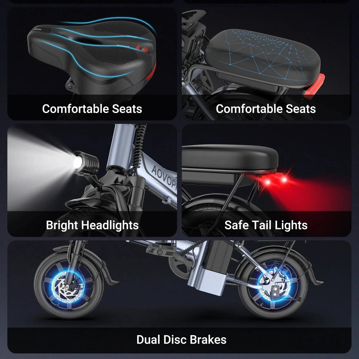 AOVOPRO 14'' EB60 Foldable Electric Bike 500W 48V 10.4AH Battery 22MPH Max Speed 28Miles Long Range with Two Seats for Adult PowerGlide Motors & Accessories