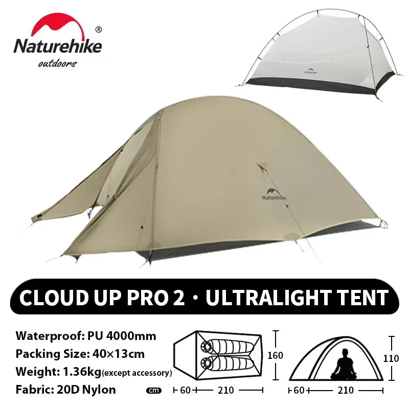 Naturehike Cloud Up 2 People Tent Ultralight 20D Camping Tent Waterproof Outdoor Hiking Travel Backpacking Cycling Fishing Tents