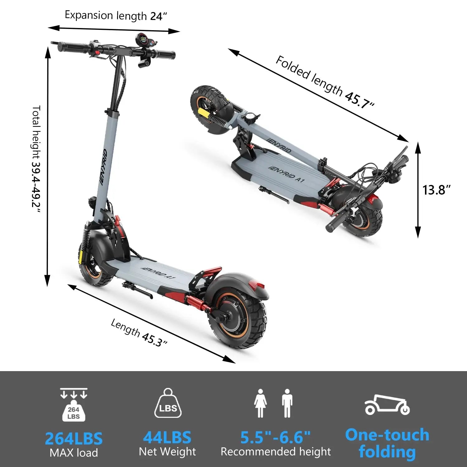 IENYRID A1 Foldable Electric Scooter 800W/48V/12.5 AH E-Scooter Max Speed 45KM Per Hour Max Range 20-30KM Adult City E-Scooter PowerGlide Motors & Accessories