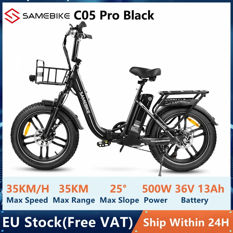 EU Stock Samebike C05 Pro Electric Bike 36V 13Ah Lithium Battery 500W Motor 35KM/H Max Speed 20" x 4.0 Fat Tire Mountain Bike