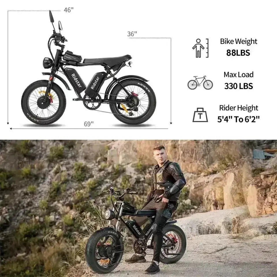 Ridstar Q20 52V40AH 2000W electric bicycle dual motor battery 20*4-inch fat tires e-bike Mountain Snow Electric Bike off-road PowerGlide Motors & Accessories