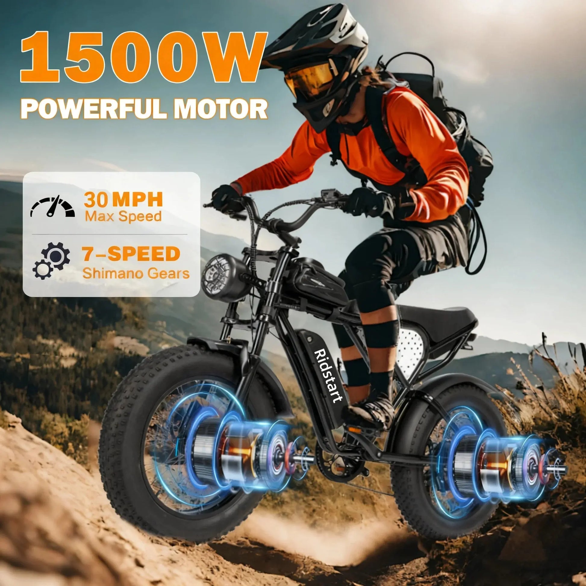 Ridstar Q20Lite Electric Bicycle 1500W Motor 48V15AH Lithium Battery 30MPH Electric Bike 20x4" Fat Tire Snow E-bike for Adults PowerGlide Motors & Accessories