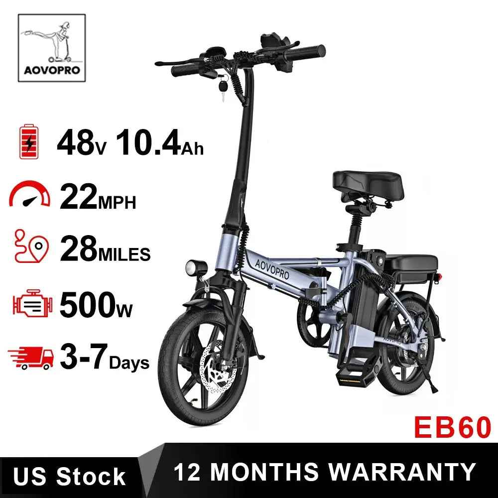 AOVOPRO 14'' EB60 Foldable Electric Bike 500W 48V 10.4AH Battery 22MPH Max Speed 28Miles Long Range with Two Seats for Adult PowerGlide Motors & Accessories