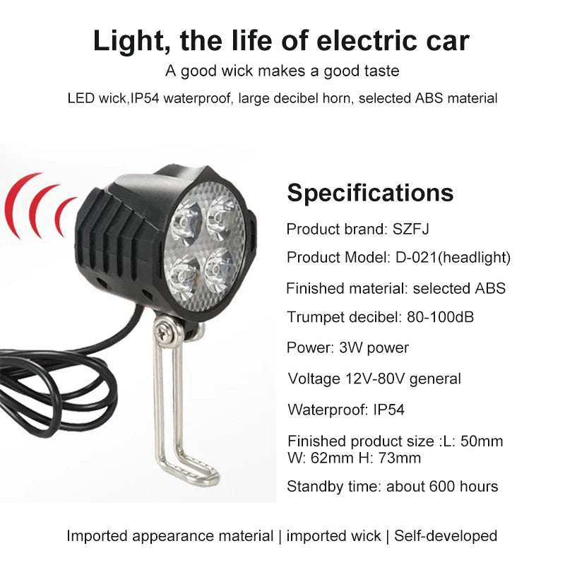 NEW E-Bike 12V 24V 36V 48V 60V 72V Electric Bicycle Light with Horn Waterproof IPX4 Headlight Horn Set Front Headlight Horn Set PowerGlide Motors & Accessories