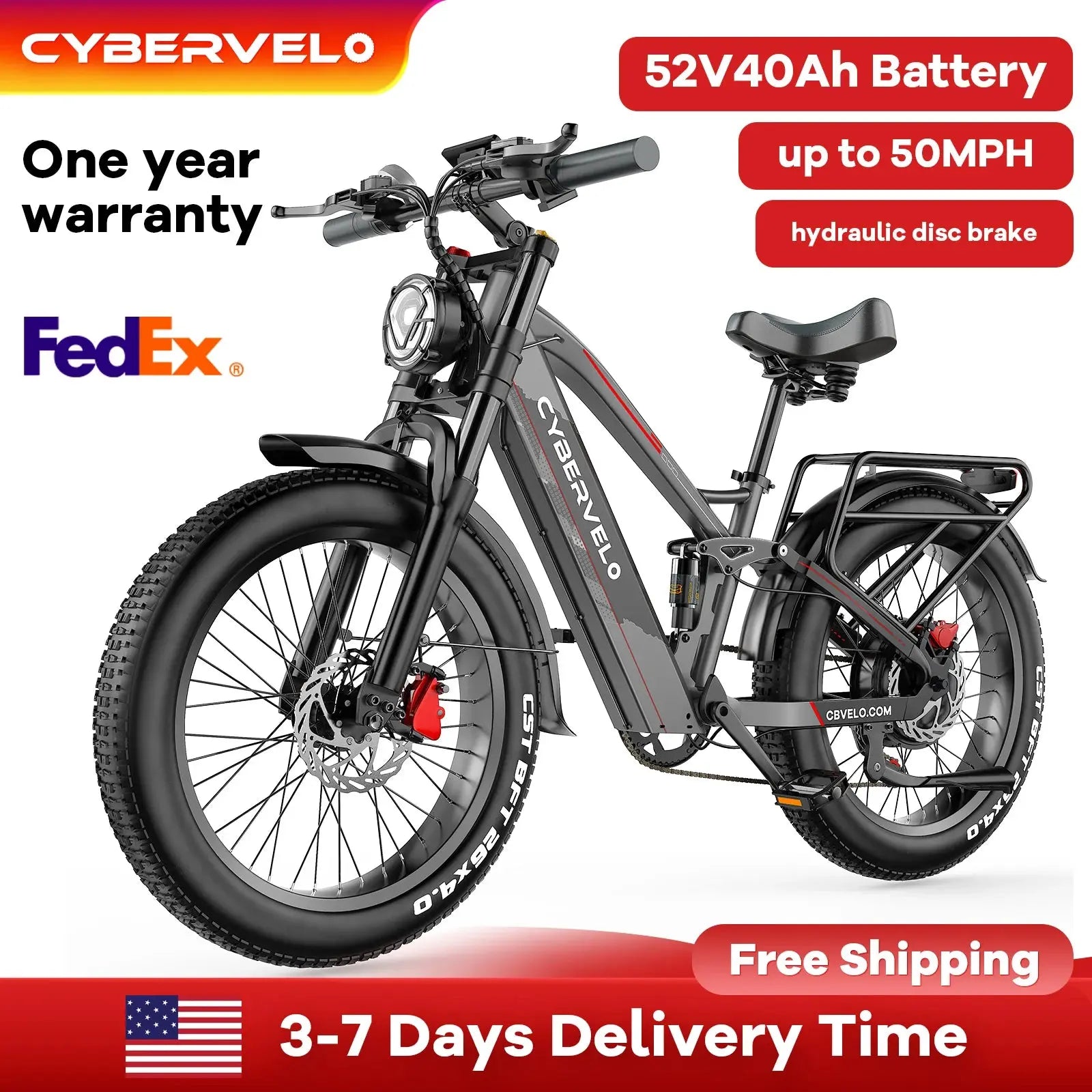 Cybervelo Strong Power Ebike, 5000W Motor Off Road Electric Bike, 100 Miles Long Range, 26"x4.0” Fat Tire, 40Ah Big Battery EK9 PowerGlide Motors & Accessories