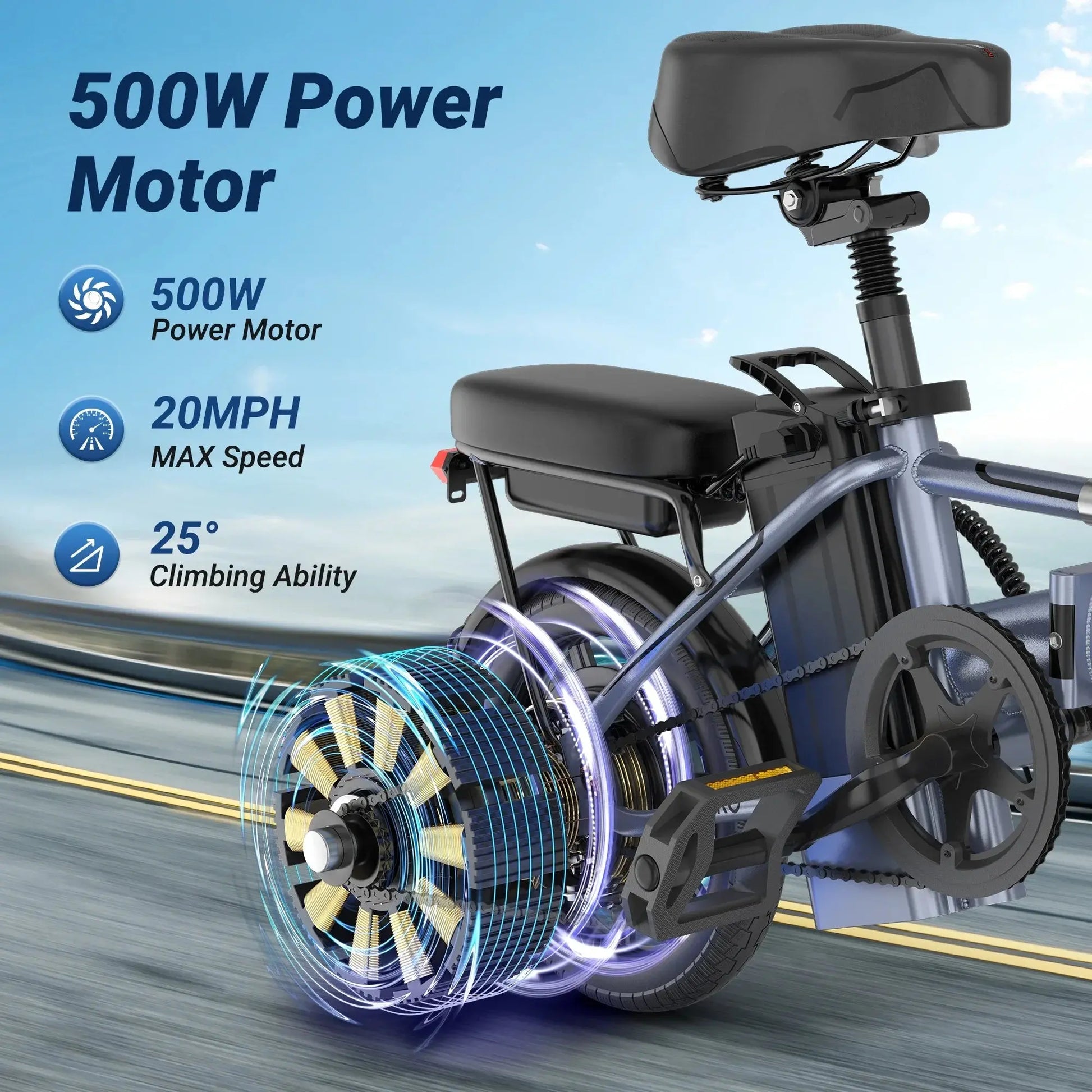 AOVOPRO 14'' EB60 Foldable Electric Bike 500W 48V 10.4AH Battery 22MPH Max Speed 28Miles Long Range with Two Seats for Adult PowerGlide Motors & Accessories