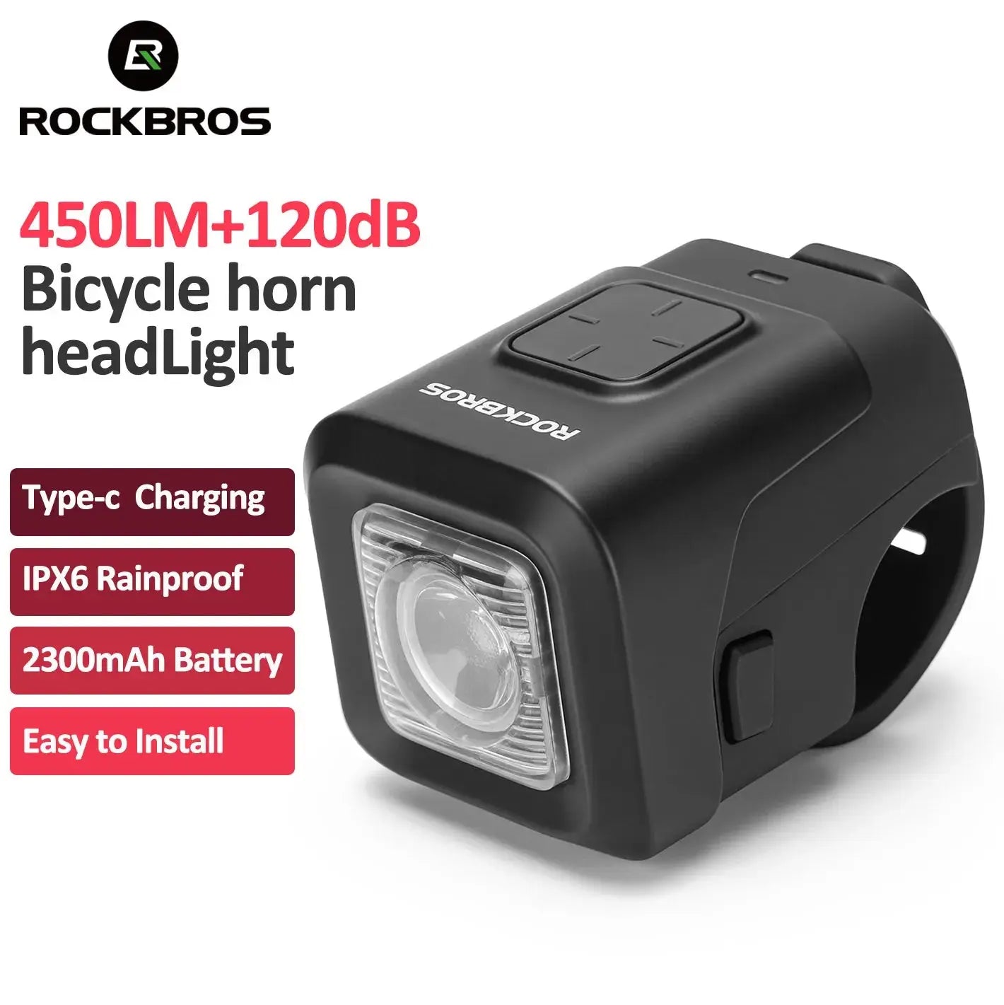 ROCKBROS 450LM Bike 120dB Horn Light IPX6 Rainproof Type-C Charging 2300mAh Headlight Warn 2 In 1 Electronic Horn Front Light PowerGlide Motors & Accessories