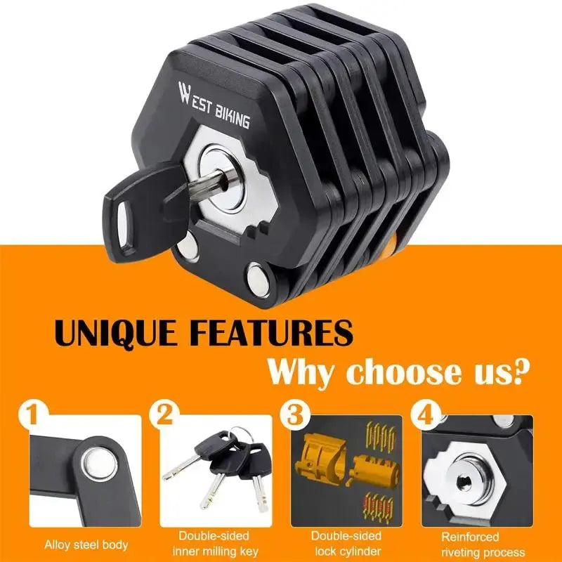 WEST BIKING Foldable Bicycle Lock MTB Road Bike Hamburg Lock High Security Anti-Theft Electric Scooter E-Bike Cycling Chain Lock PowerGlide Motors & Accessories