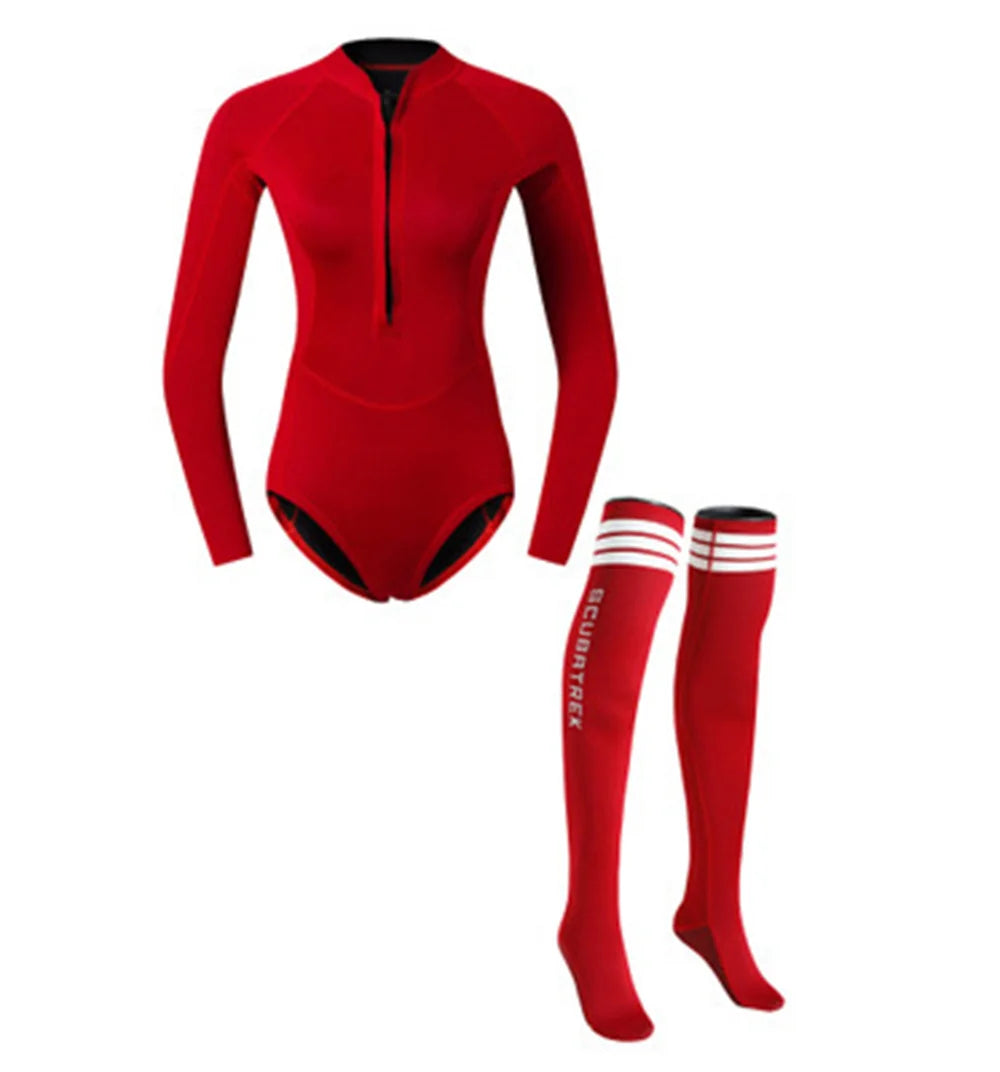 Summer Women 2MM Neoprene Bikini Wetsuit With Stocking Set Long Sleeve Diving Suit Sun-proof Surfing Snorkeling Thermal Swimwear