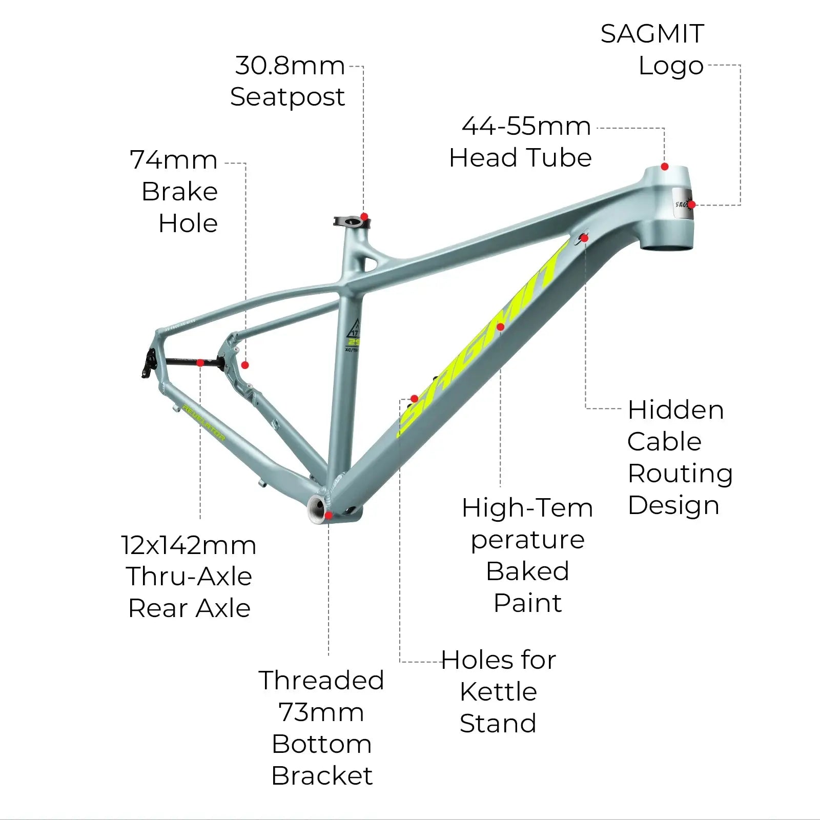 SAGMIT MTB Bike Frame Aluminum Alloy Thru Axle 29inch Mountain Bike 142x12mm Hardtail FrameInternal Cable Routing Disc Brake PowerGlide Motors & Accessories