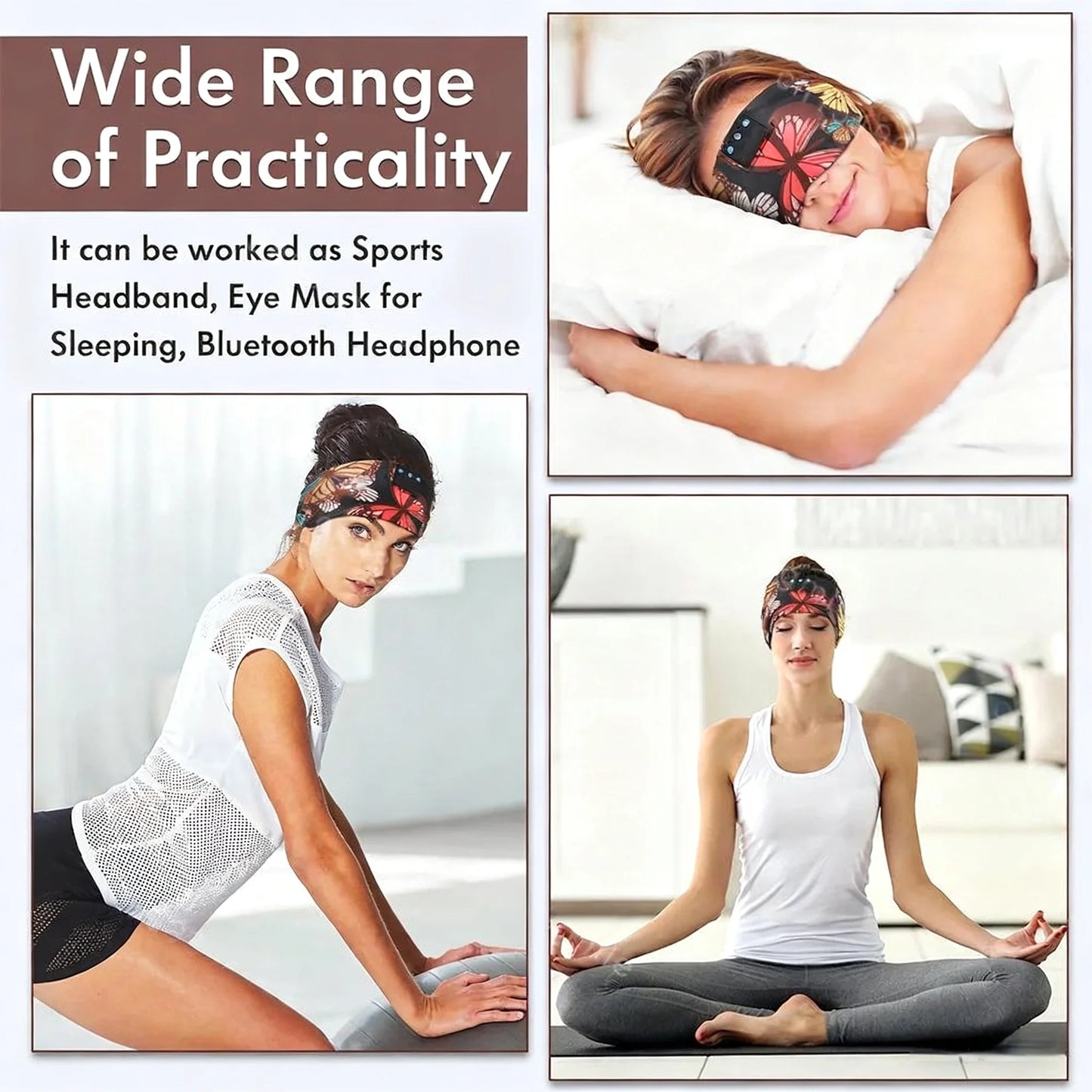 Butterfly Print Bluetooth Headband Sweatproof Sports Headset Workout Eye Mask Wireless for Sleep Workout Fit iPhone Android All