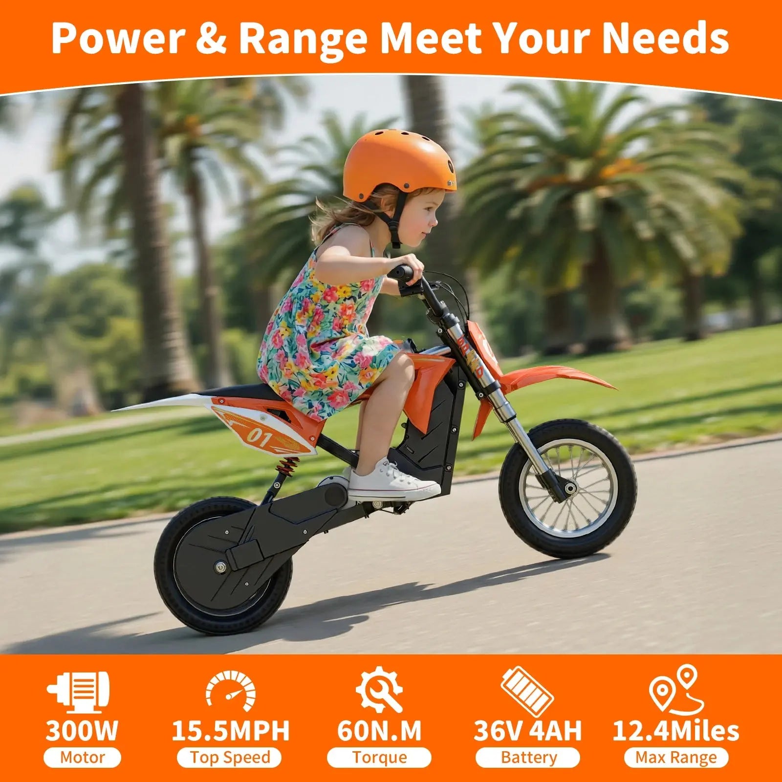 HillMiles MileRocket Electric Dirt Bike 300W, 15.5MPH, 36V 4Ah Battery, Front & Rear Suspension, Off-Road Ride for Ages 4–12 PowerGlide Motors & Accessories