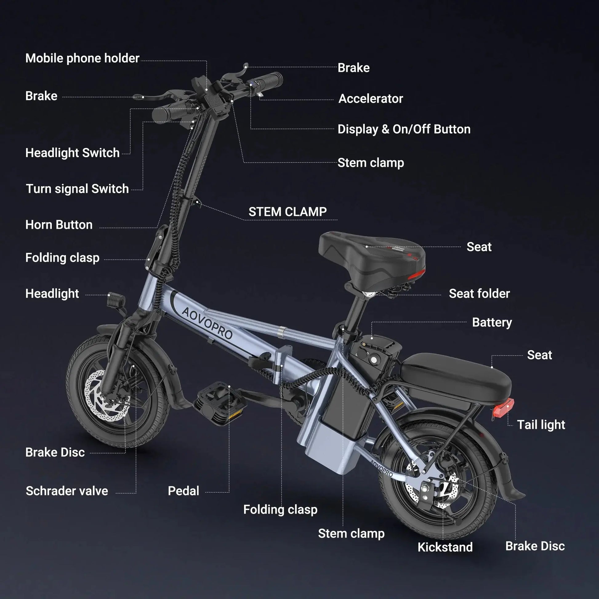 AOVOPRO 14'' EB60 Foldable Electric Bike 500W 48V 10.4AH Battery 22MPH Max Speed 28Miles Long Range with Two Seats for Adult PowerGlide Motors & Accessories