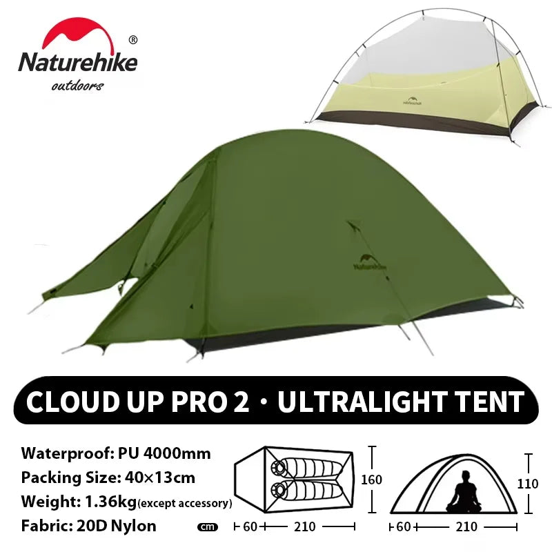 Naturehike Cloud Up 2 People Tent Ultralight 20D Camping Tent Waterproof Outdoor Hiking Travel Backpacking Cycling Fishing Tents