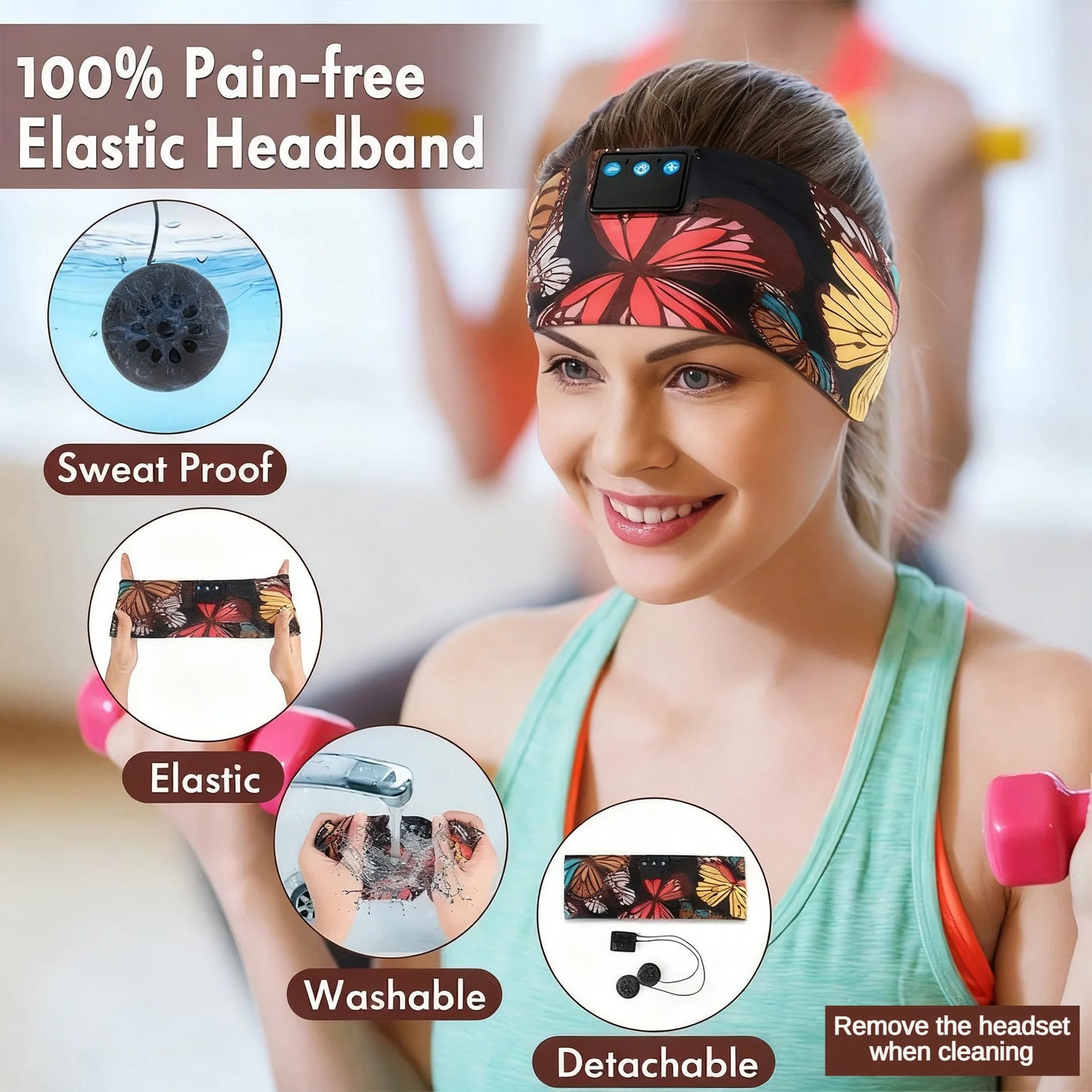 Butterfly Print Bluetooth Headband Sweatproof Sports Headset Workout Eye Mask Wireless for Sleep Workout Fit iPhone Android All