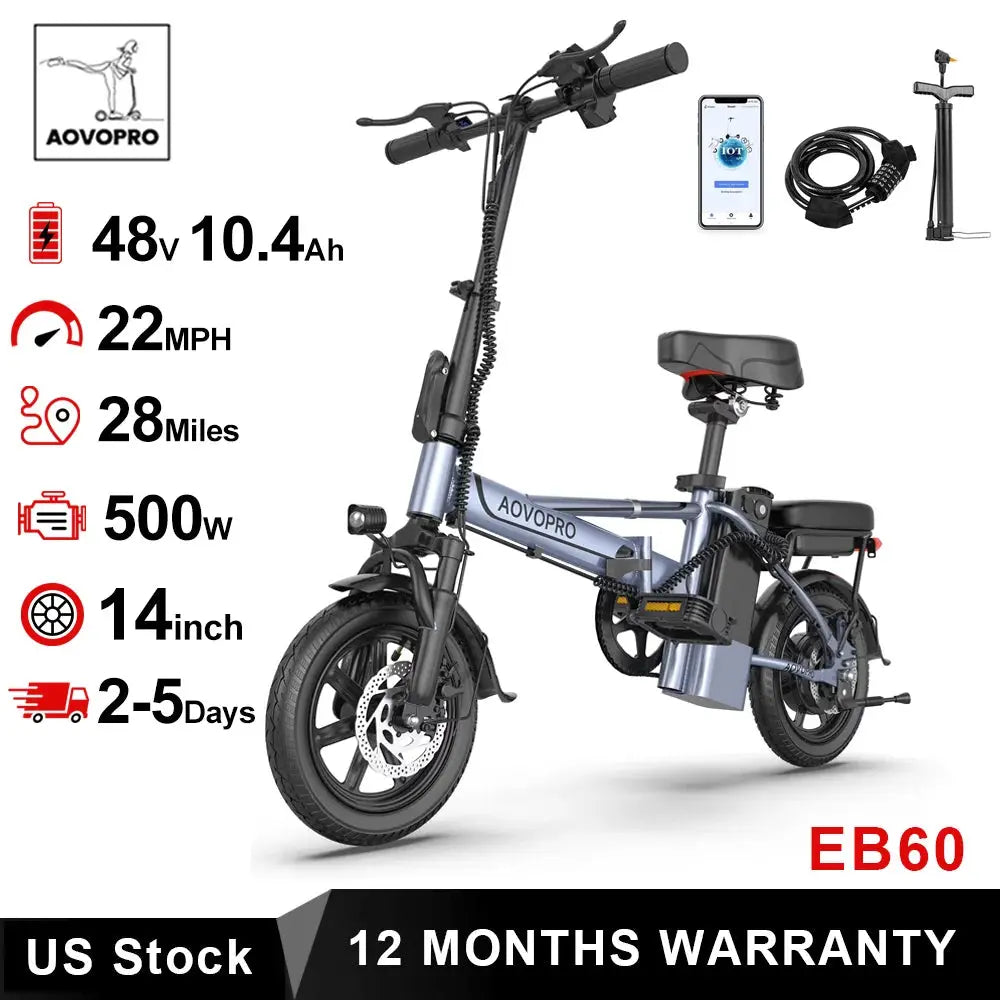AOVOPRO 14'' EB60 Foldable Electric Bike 500W 48V 10.4AH Battery 22MPH Max Speed 28Miles Long Range with Two Seats for Adult PowerGlide Motors & Accessories