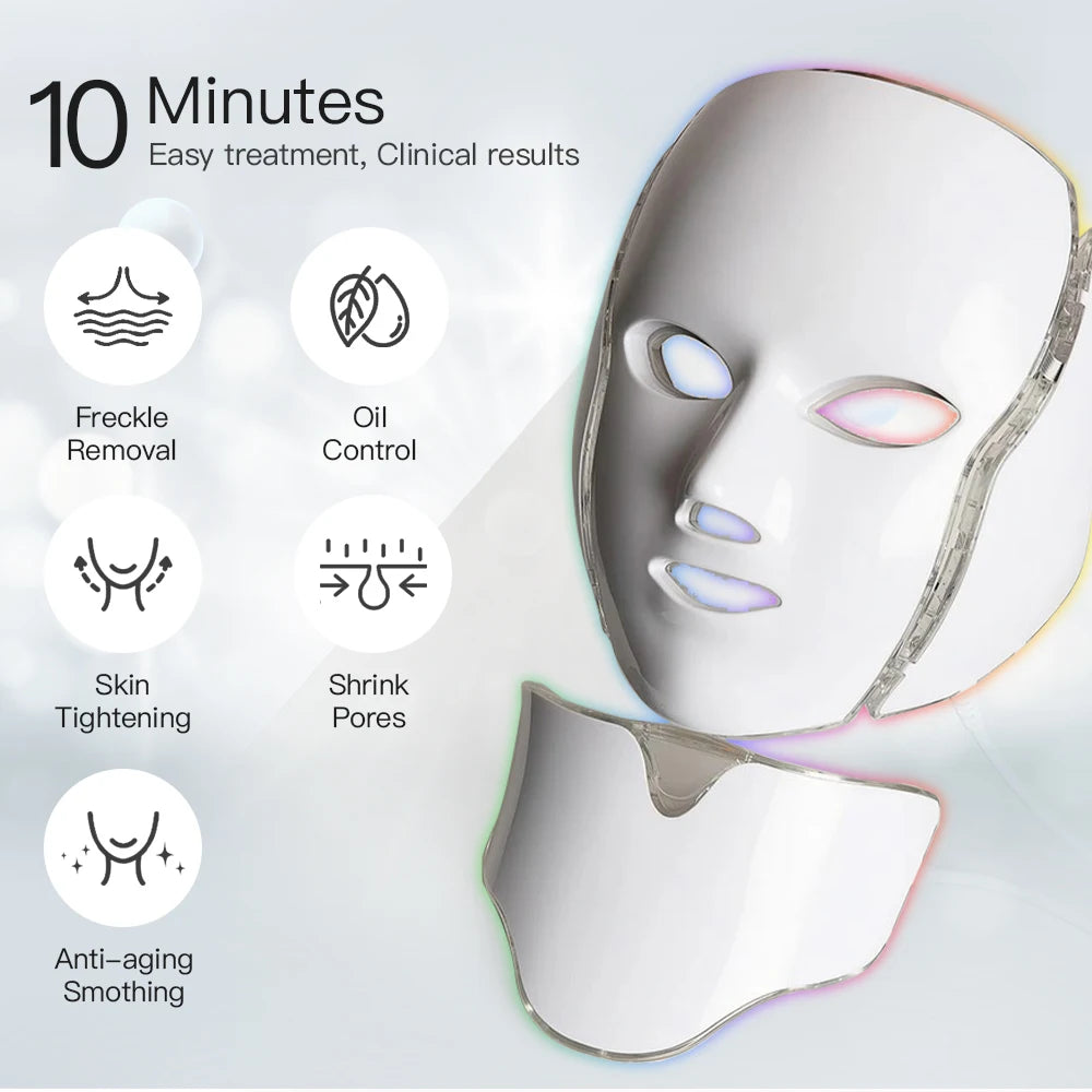 Home Use 7-Color Lights Led Facial Beauty Mask with Neck Anti Acne Skin Rejuvenation Whitening Beauty Instrument LED Face Mask