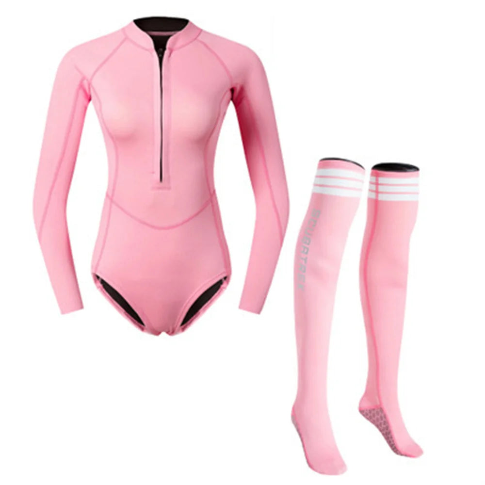 Summer Women 2MM Neoprene Bikini Wetsuit With Stocking Set Long Sleeve Diving Suit Sun-proof Surfing Snorkeling Thermal Swimwear